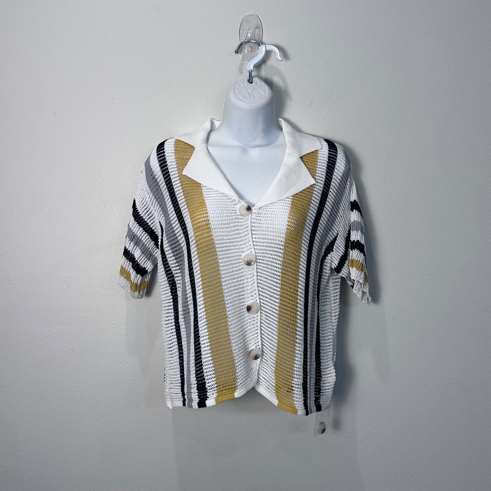 BLUE BLUSH Women Striped Knit Open Front Collared‎ Short Sleeve Top Size S